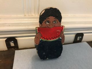 Vintage African American Folk Art Wood Cutting Hand Painted Youth & Watermelon,