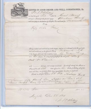 1834 Bill Of Lading,  Ship Mount Moriah,  Norfolk To Portsmouths,  Nh.  Cargo Of Tar