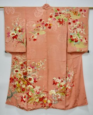 Japanese Kimono Silk Antique Houmongi / Bird & Flower / Embroidery /496