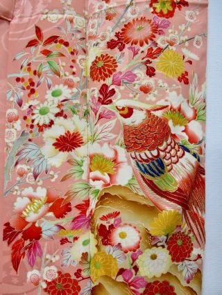 JAPANESE KIMONO SILK ANTIQUE HOUMONGI / BIRD & FLOWER / EMBROIDERY /496 6