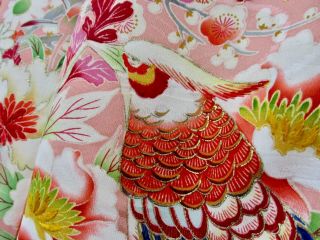 JAPANESE KIMONO SILK ANTIQUE HOUMONGI / BIRD & FLOWER / EMBROIDERY /496 7