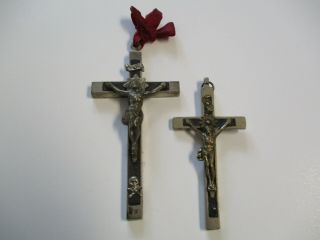 2 Vintage Antique Cross Crucifix Wood Silver Metal Inri Jesus Icon Sacred Old