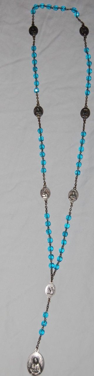 Vintage Blessed Virgin Mary Ocean Blue Rosary Silver Metal Medallion Glass Bead