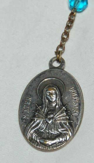 Vintage Blessed Virgin Mary Ocean Blue Rosary Silver Metal Medallion Glass Bead 2