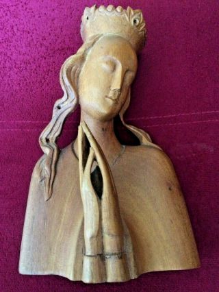 Vintage Olive Wood Carved Madonna Virgin Mary Queen Of The Church With Crown