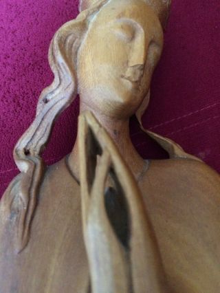 Vintage Olive Wood Carved Madonna Virgin Mary Queen of the Church with Crown 5