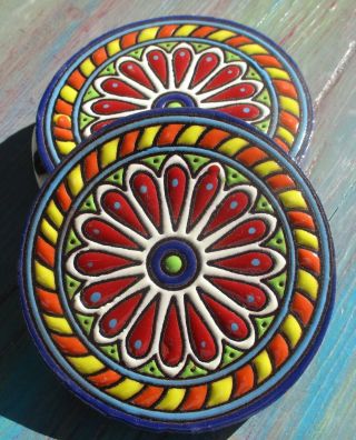 2 Talavera Pottery Coasters 4 " Flower Red Cork On Back Hi Relief Yellow Orange