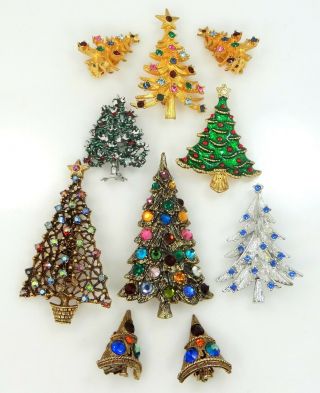 6 Vintage Christmas Tree Pins & 2 Pr Earrings Sterling Jewelart,  Mylu