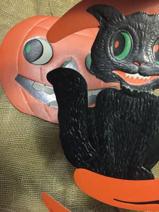 2 Vtg 1950’s Halloween Luhrs Jol Smiling Pumpkin Black Cat In The Moon Embossed