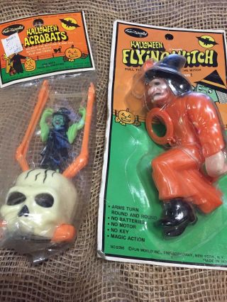 2 Vtg 1960’s 70’s Halloween Fun World Witch And Skull Flying Witch