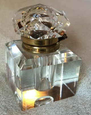 Vintage Vanity Perfume Bottle Clear Cut Glass W/ Hinged Top Brass Crystal
