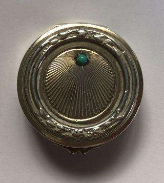 Vintage White Metal Pill Box With Turquoise Stone