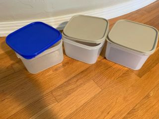Set Of 3 Tupperware Modular Mate 11 Cup Square 2 Container 1620 W/ Blue Beige