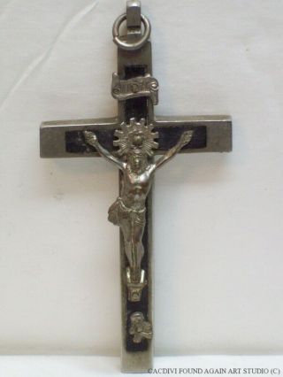 Antique Pectoral Crucifix Skull Crossbones Metal Cross Black Wood Inlay Vtg Old