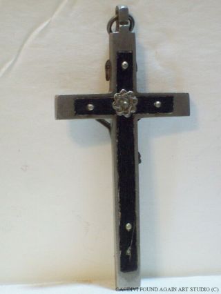 Antique Pectoral Crucifix Skull Crossbones Metal Cross Black Wood Inlay Vtg Old 2