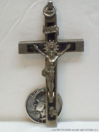 Antique Pectoral Crucifix Skull Crossbones Metal Cross Black Wood Inlay Vtg Old 3