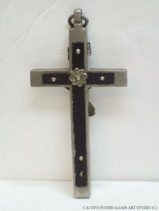 Antique Pectoral Crucifix Skull Crossbones Metal Cross Black Wood Inlay Vtg Old 4