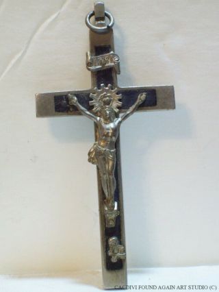 Antique Pectoral Crucifix Skull Crossbones Metal Cross Black Wood Inlay Vtg Old 5