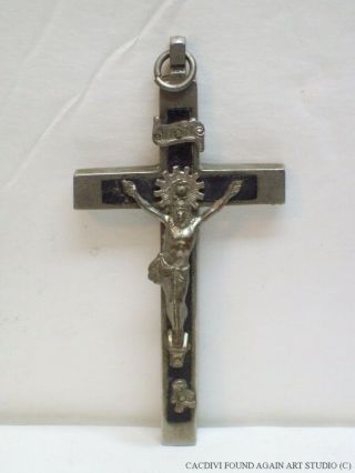 Antique Pectoral Crucifix Skull Crossbones Metal Cross Black Wood Inlay Vtg Old 6