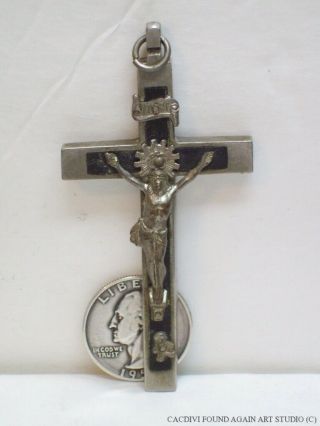 Antique Pectoral Crucifix Skull Crossbones Metal Cross Black Wood Inlay Vtg Old 7