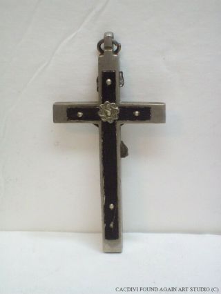 Antique Pectoral Crucifix Skull Crossbones Metal Cross Black Wood Inlay Vtg Old 8