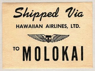 Vintage Hawaiian Airlines Ltd To Molokai Luggage Label