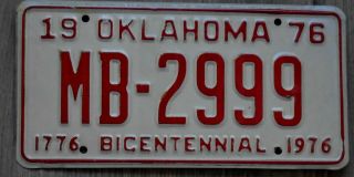 1976 Oklahoma United States Usa Bicentennial 1776 - 1976 License Plate Mb 2999