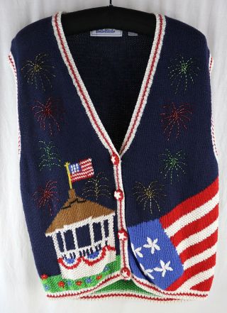 Vintage Bellepointe 4th Of July Blue Beaded Sweater Vest Women’s Size Xl Limited