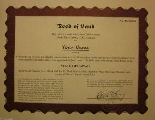 Hawaii Land Deed - 1 Square Inch - Novelty Gift