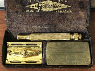 Antique Shaving Collectible Vintage Gillette Brass Safety Razor In Case