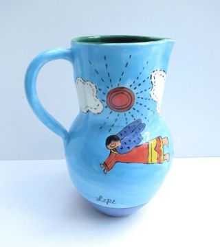 Hand Painted Ceramic Pitcher With Naif Scene Signed Lepe