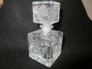 Vintage Etched Frosted " Rose " Motif Square Cut Crystal 4 1/2 " Perfume Thistle