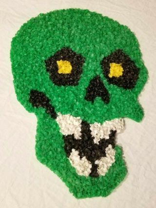 Vintage Plastic Popcorn Melted Halloween Green Skull Decorations Wall Hanging