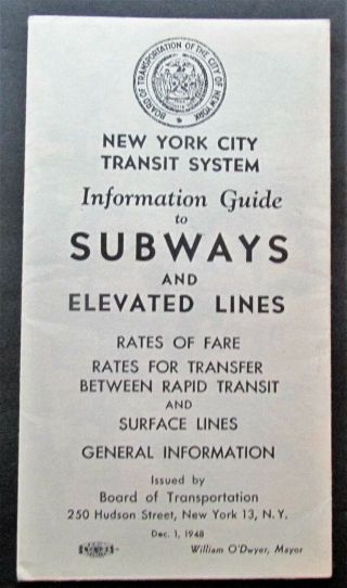 Board Of Transportation York City Rapid Transit Subway & El Map Dec 1 1948