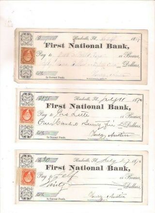 3 Bank Checks 1 - 1869,  2 - 1870 Rushville,  Illinois First National Bank