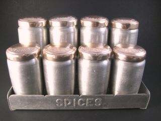 Vintage Kromex Aluminum Spice Set 8 Jars With Copper Colored Lids In Rack