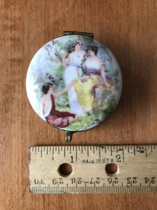 Antique 7757 Germany Porcelain Pill Box With Brass Rim,  Painted Scene 3 Figures