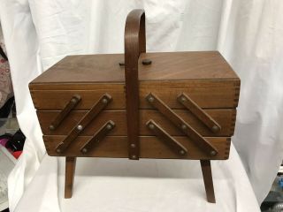 Vintage Accordian Cantilever Wood Fold Out Sewing Cabinet Box