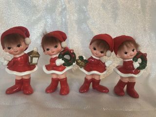 Vtg 4 Girl Christmas Caroler Figurines Real Hair Stocking Hat Red Dress Japan