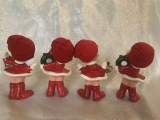 Vtg 4 Girl Christmas Caroler Figurines Real Hair Stocking hat Red Dress Japan 2