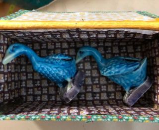 2 Vintage Signed Chinese Mudman Vivid Blue Bird Swan Duck Figurine 2 1/2” Box