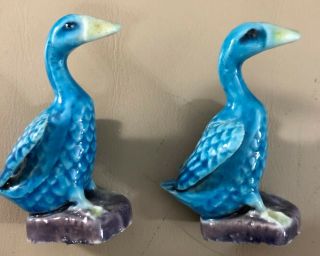2 Vintage Signed Chinese Mudman Vivid Blue Bird Swan Duck Figurine 2 1/2” Box 4