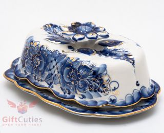 Gzhel Porcelain Butter Dish Маслёнка Server Plate Holder Hand - Painted Gold Blue