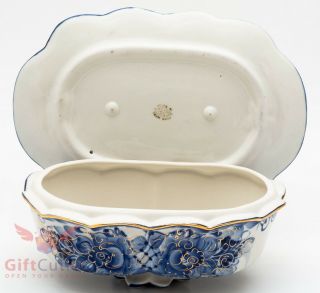Gzhel Porcelain butter dish Маслёнка server plate holder Hand - painted gold blue 5