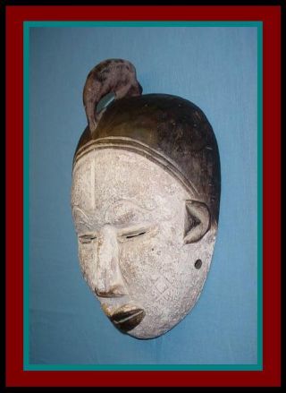 Old Authentic African Hand Carved Wooden Ceremonial Mask With Bird Effigy Art