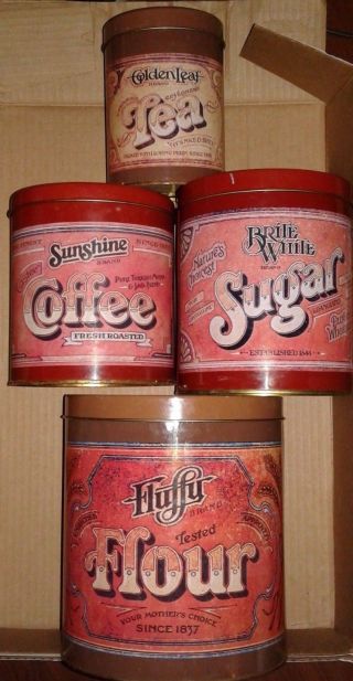 Vintage Tin Canister Balanoff Fluffy Flour Brite White Sugar Sunshine Coffee Tea