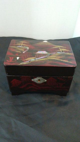 Vintage Laquered Musical Jewelry Box With Mother Of Pearl Inlay
