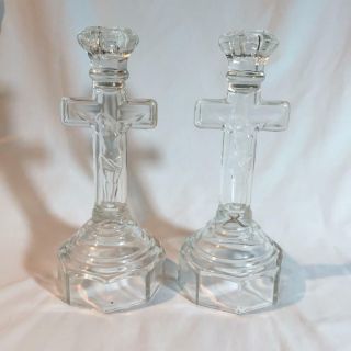 Pair Vintage Glass Crucifix Candlesticks Cross Passion Jesus Christ