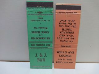 2 Diff.  Early Reno,  Nv Matchbook Covers J & J Bar & Wells Ave Lounge