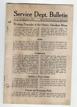 June 1,  1921 Harley - Davidson Service Bulletin,  Principles Of Hd Motor